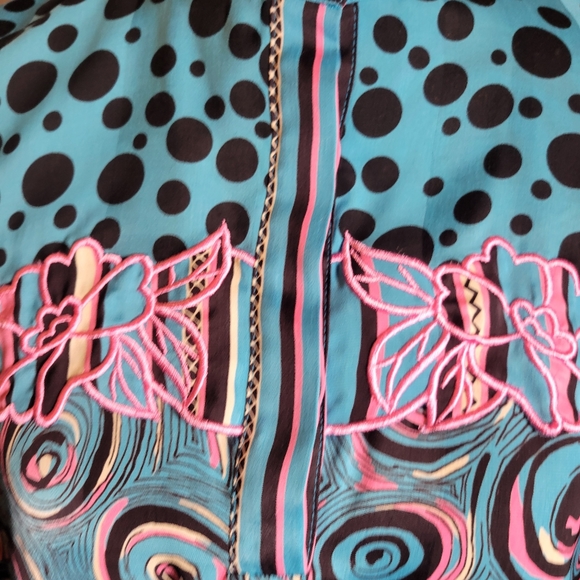 VINTAGE DIANE FREIS MIXED PATTERN PUFF SLEEVE DRAWSTRING WAIST BLOUSE - Picture 4 of 9